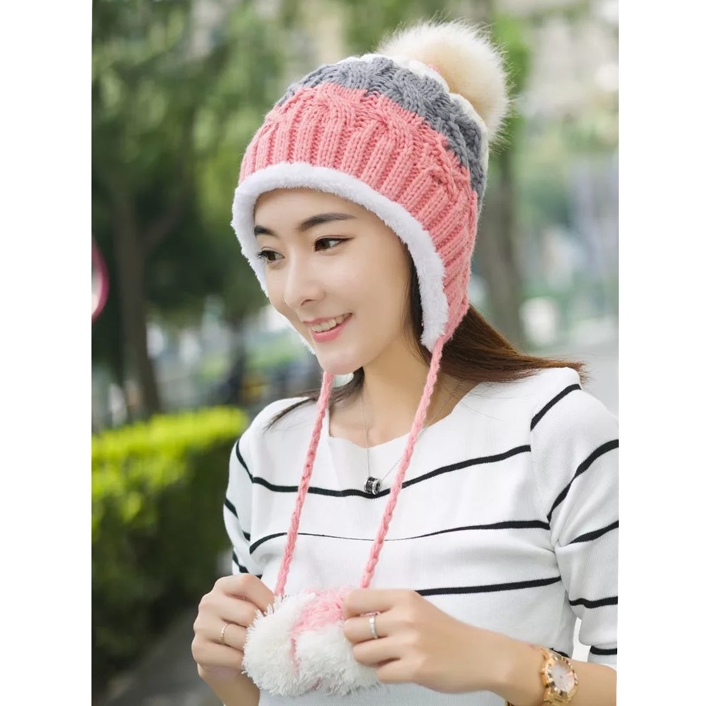 Gray, Pink & White Fleece Lined Beanie with Pom Poms - Picture 6 of 15